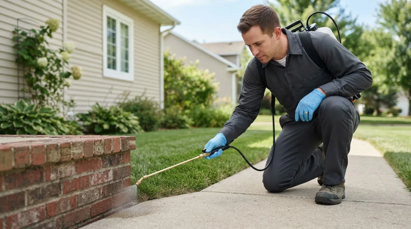Pest control technician treating a home near Somersworth, NH